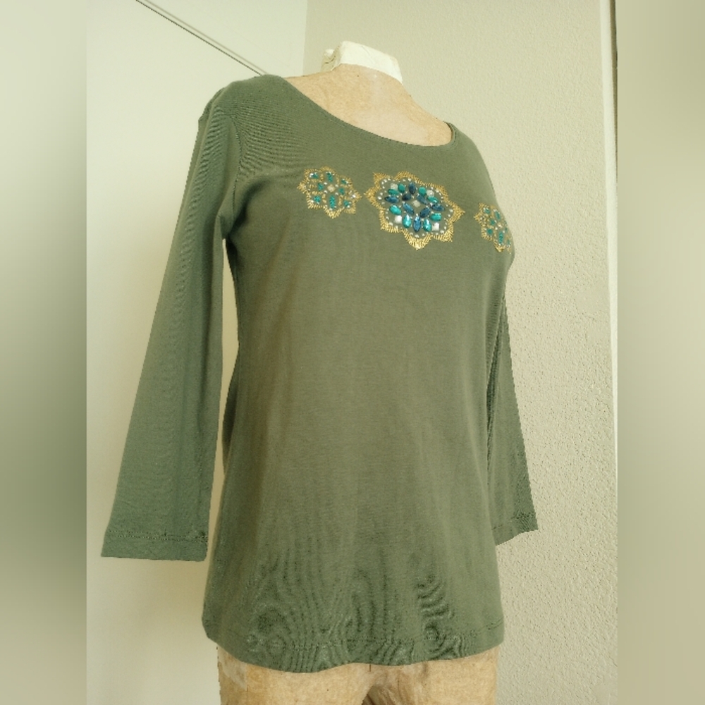 Karen Scott Green Long Sleeve Top with Embellishments